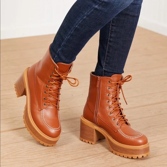 Lace Up Tan Platform Fall Boots - Picture 2 of 9